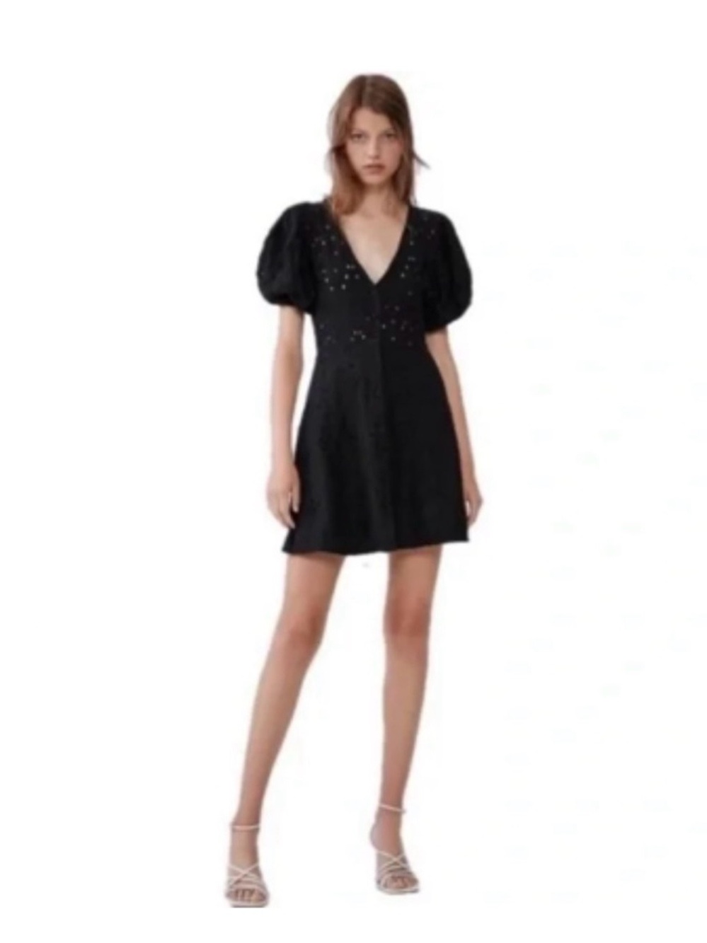 Zara Black Eyelet V‑Neck Puff‑Sleeve Mini Dress
